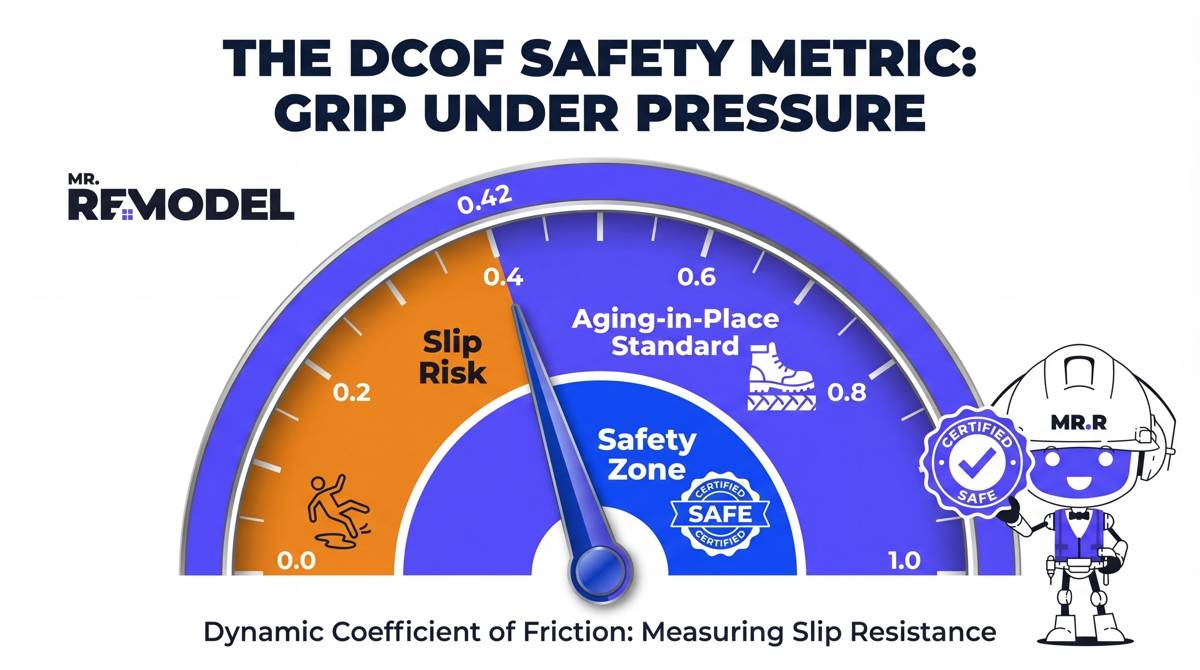 A technical gauge infographic explaining the 0.42 DCOF rating required for safe bathroom flooring, contrasting the slip risk of low-friction tiles with the safety of high-grip materials.